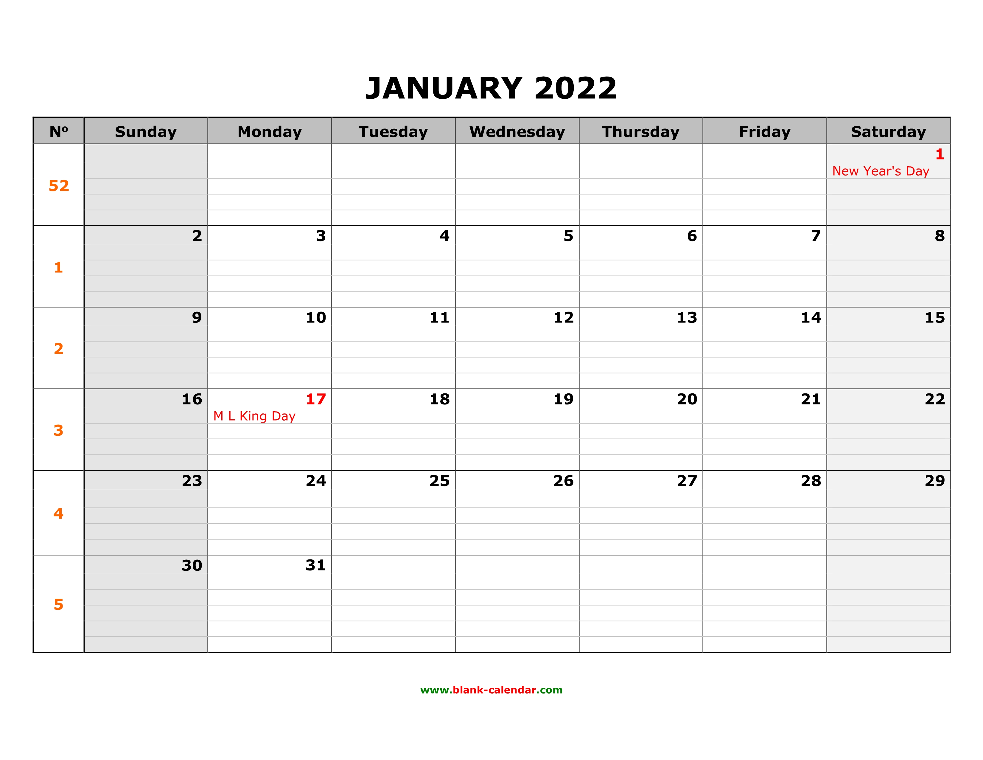 Print Free Calendar 2022 With Date Boxes