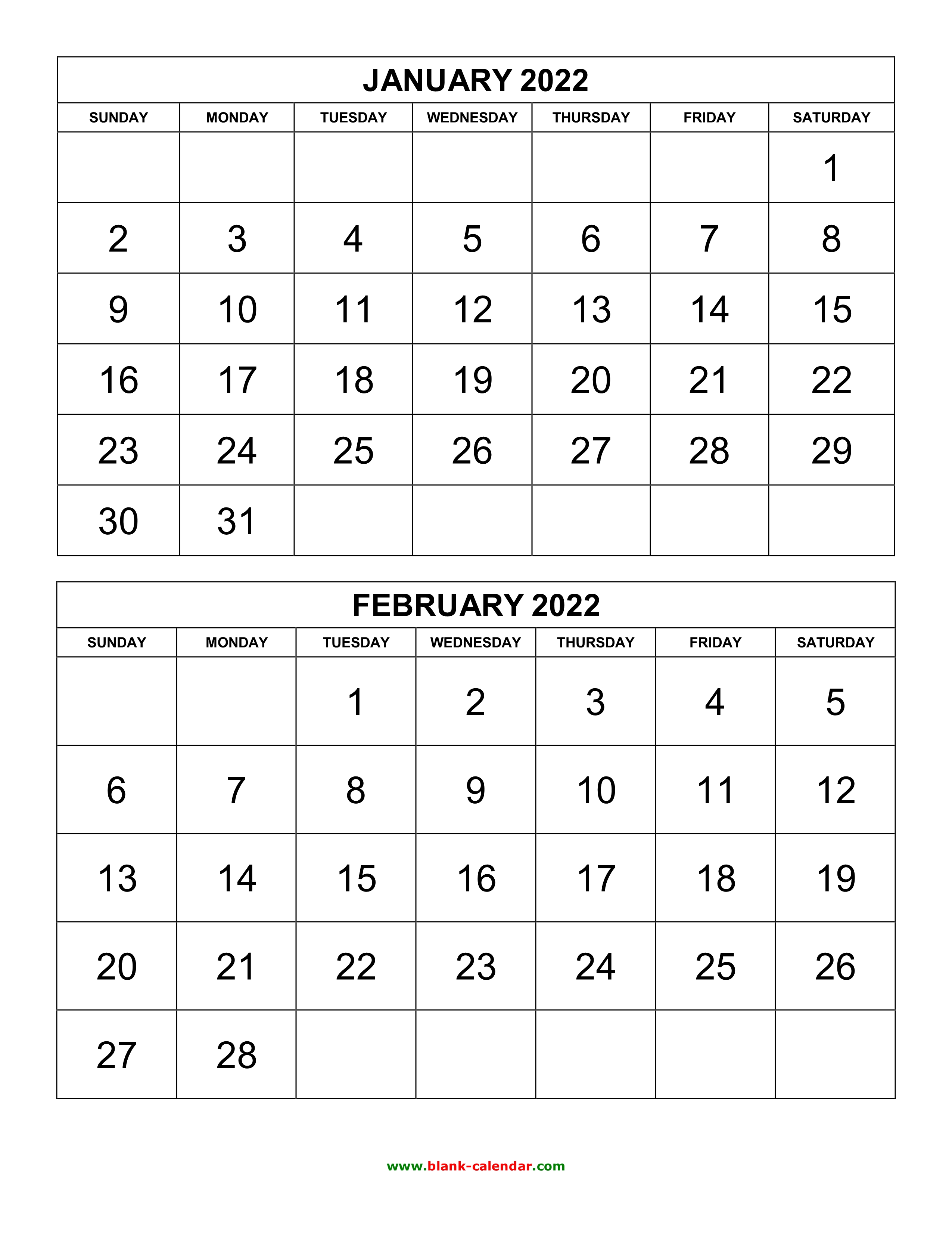 Free Download Printable Calendar 2022, 2 months per page, 6 pages