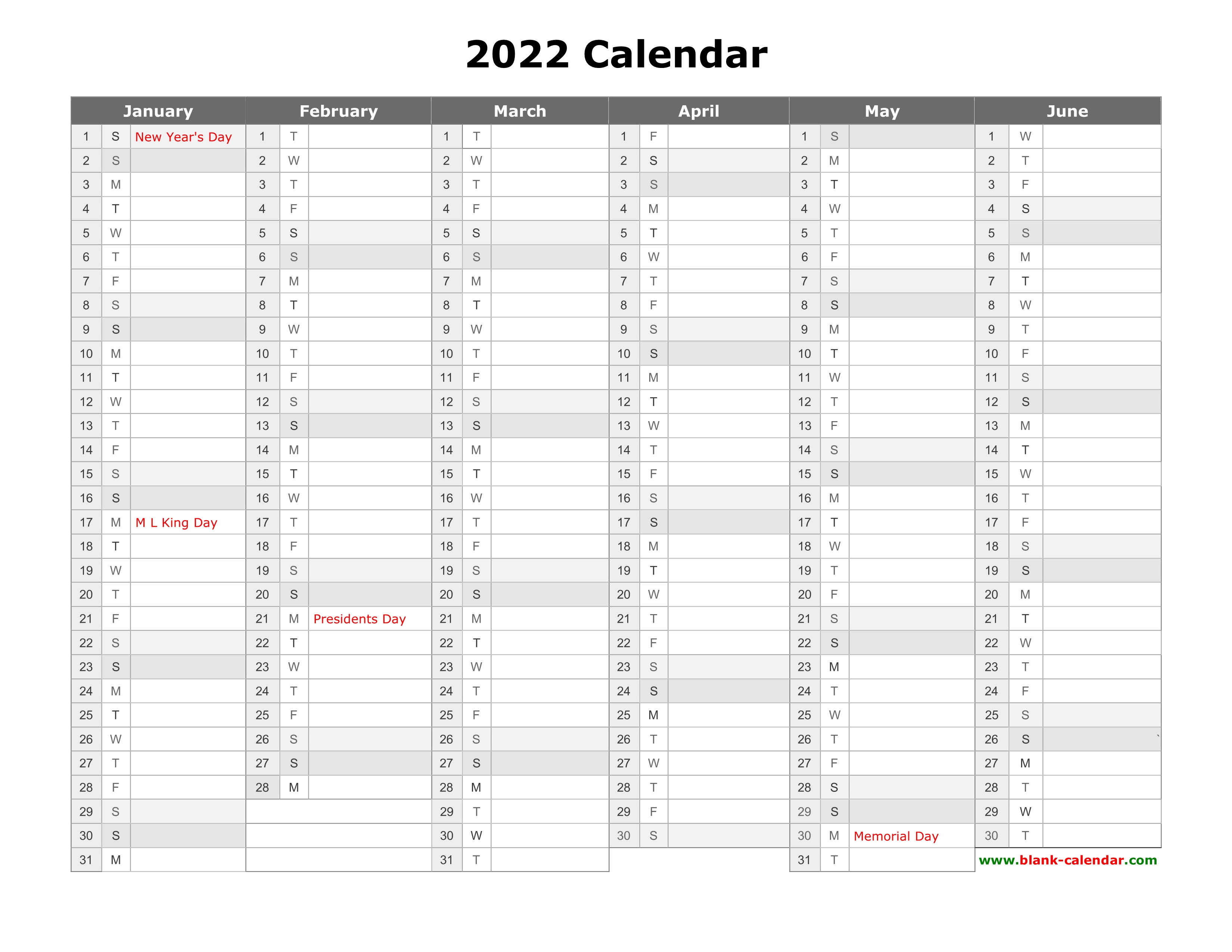 free download printable calendar 2022 month in a column half a year per page