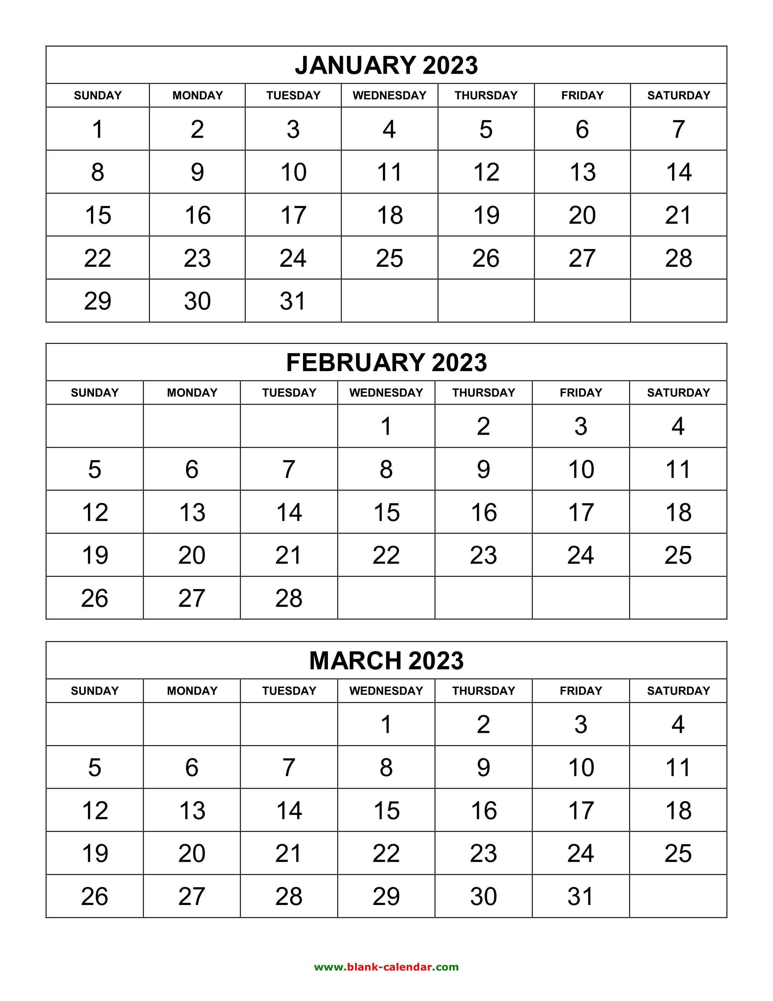 Free Download Printable Calendar 2023, 3 months per page, 4 pages