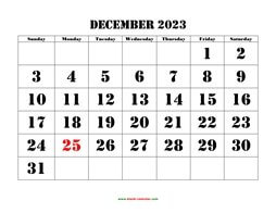 Free Download Printable December 2023 Calendar, Large Box Grid, Space 