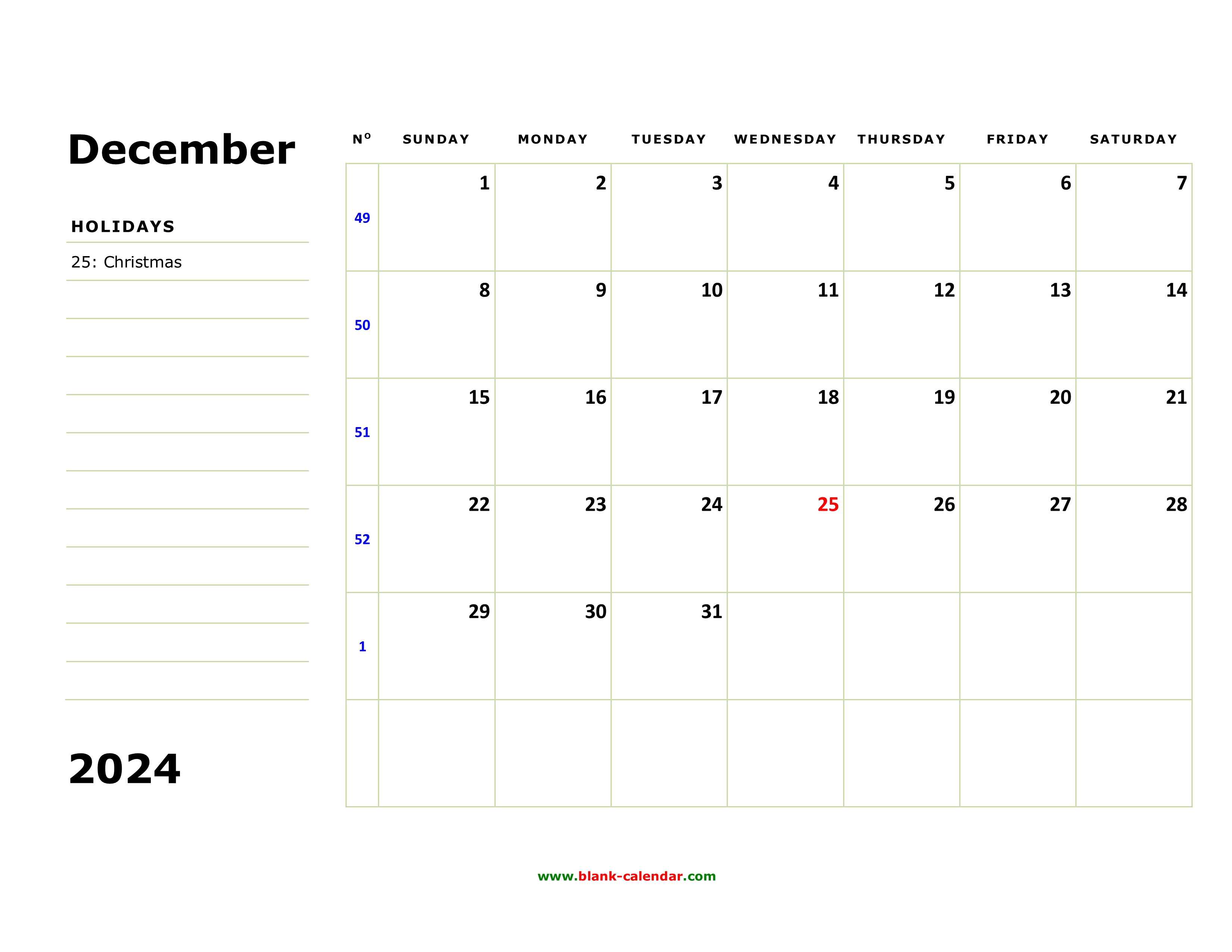 Free Download Printable December 2024 Calendar, large box, holidays