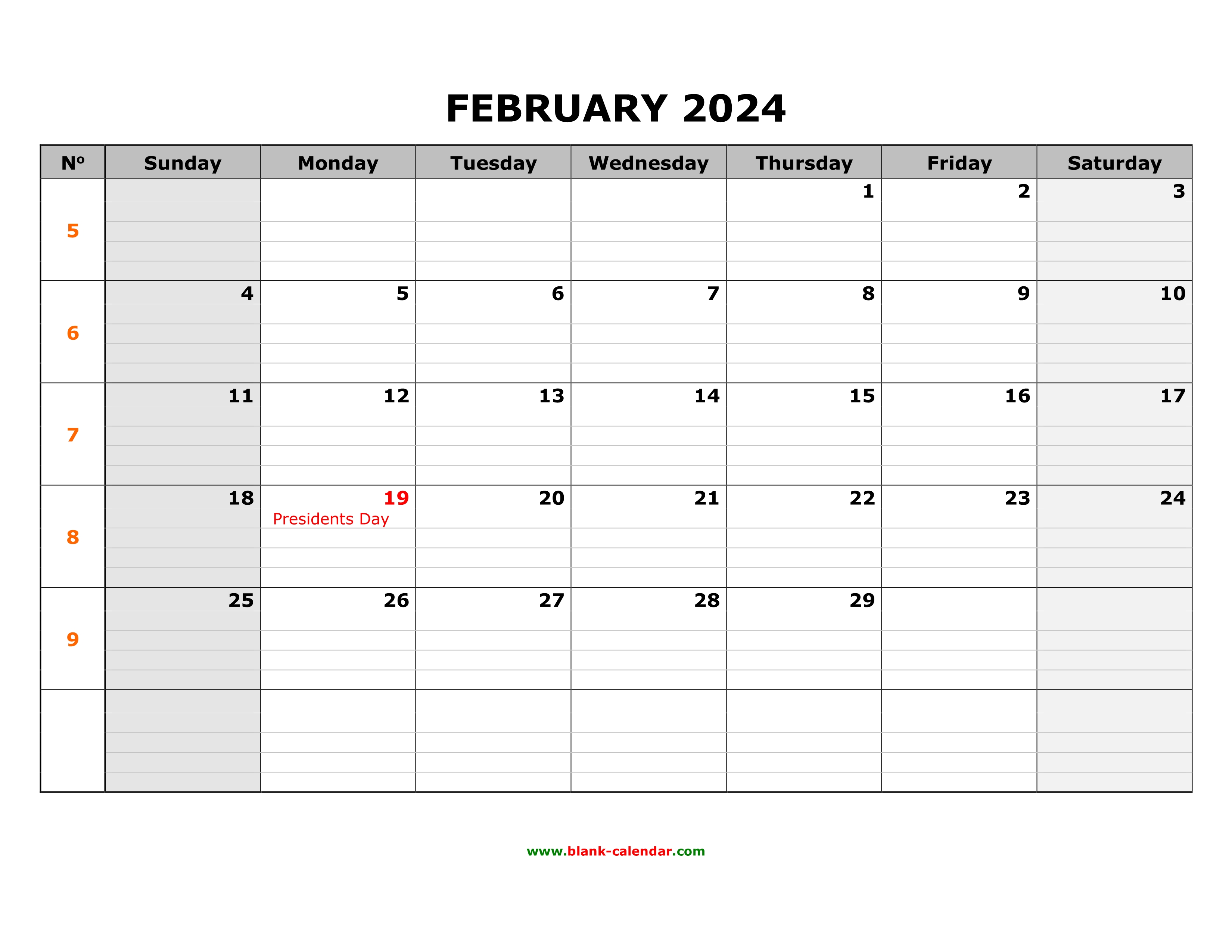 Free Download Printable February 2024 Calendar, large box grid, space for notes