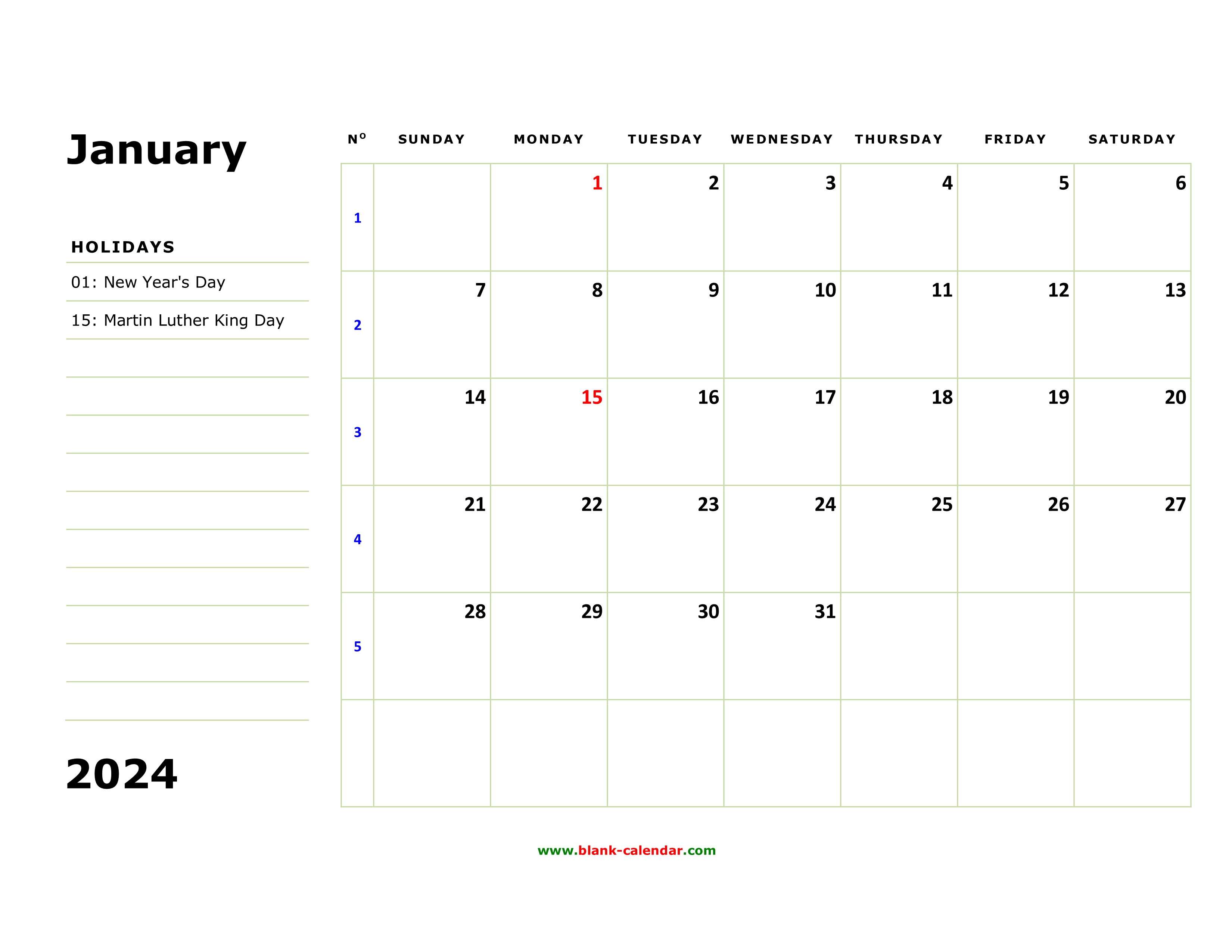 Free Download Printable January 2024 Calendar, large box, holidays