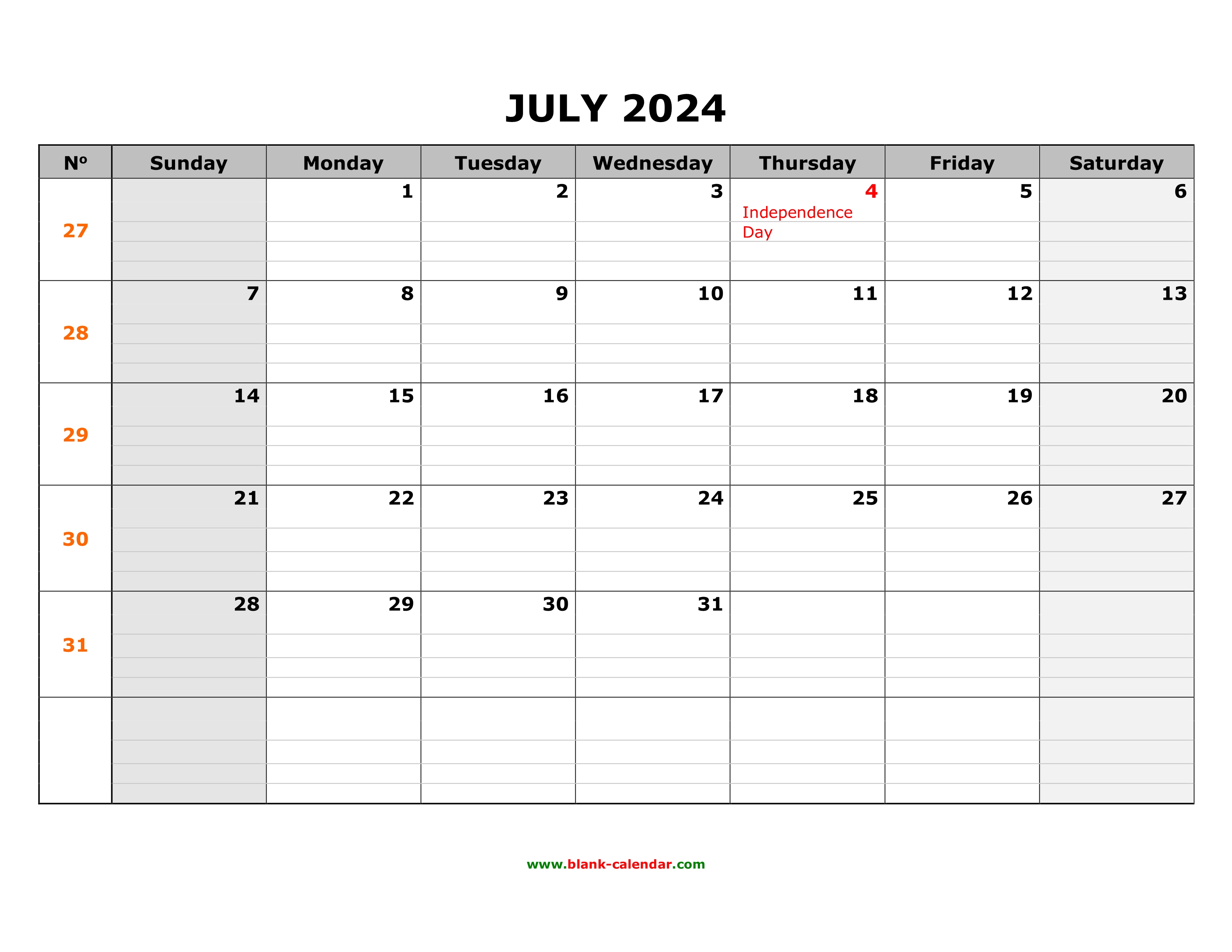 Free Download Printable July 2024 Calendar, large box grid, space for notes