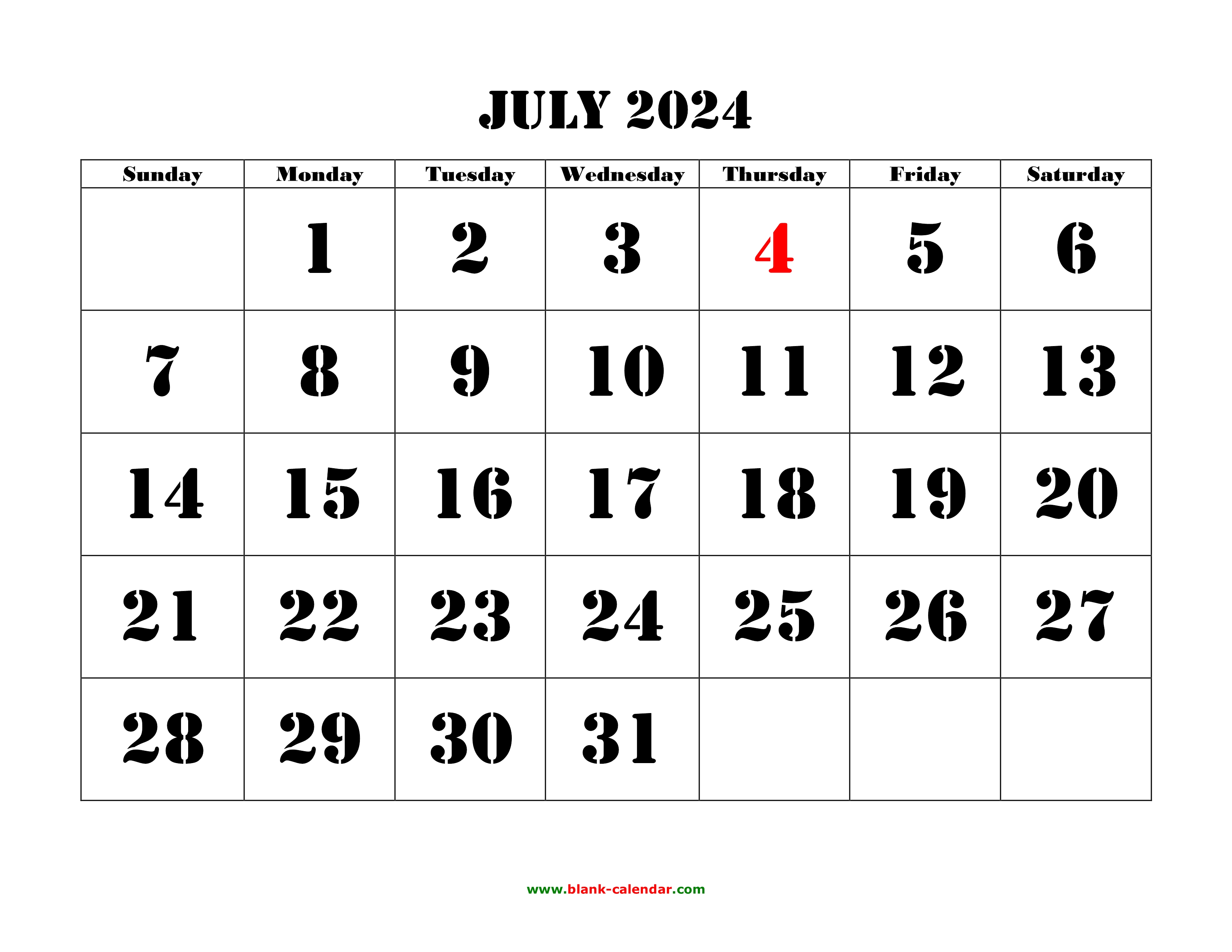 Free Download Printable July 2024 Calendar, large font design , holidays on red