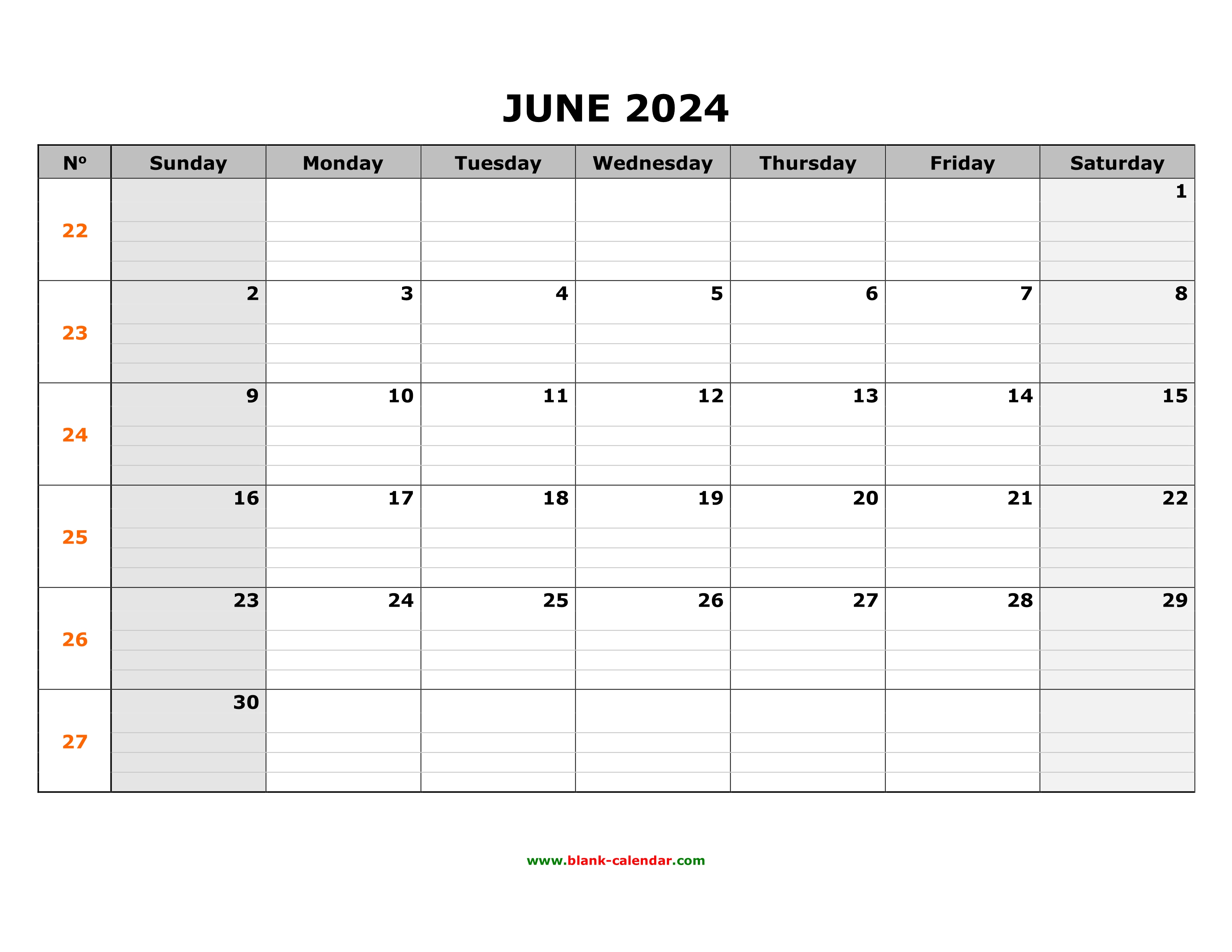Free Download Printable June 2024 Calendar, large box grid, space for notes
