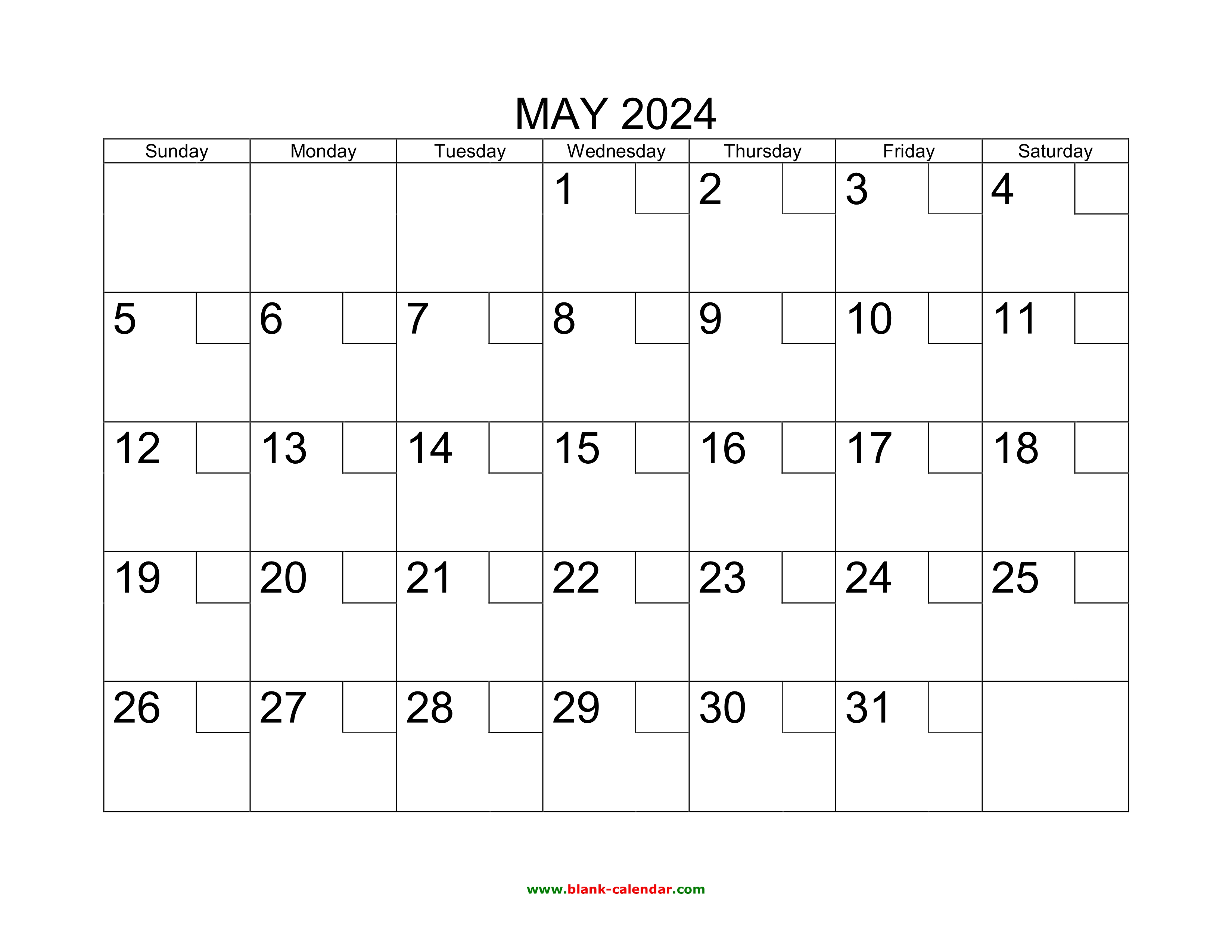 Free Download Printable May 2024 Calendar with check boxes