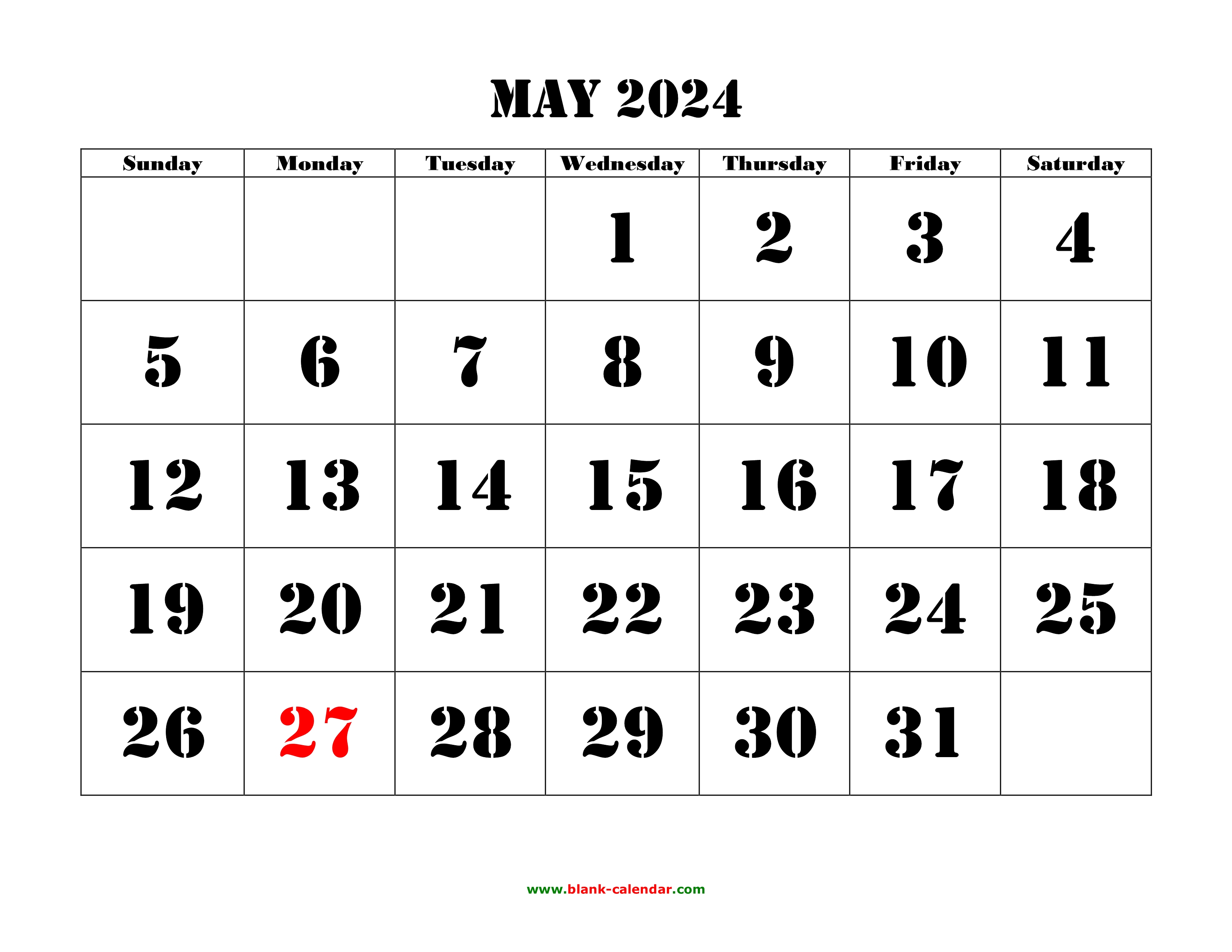 Printable May 2024 Calendar Large Font 