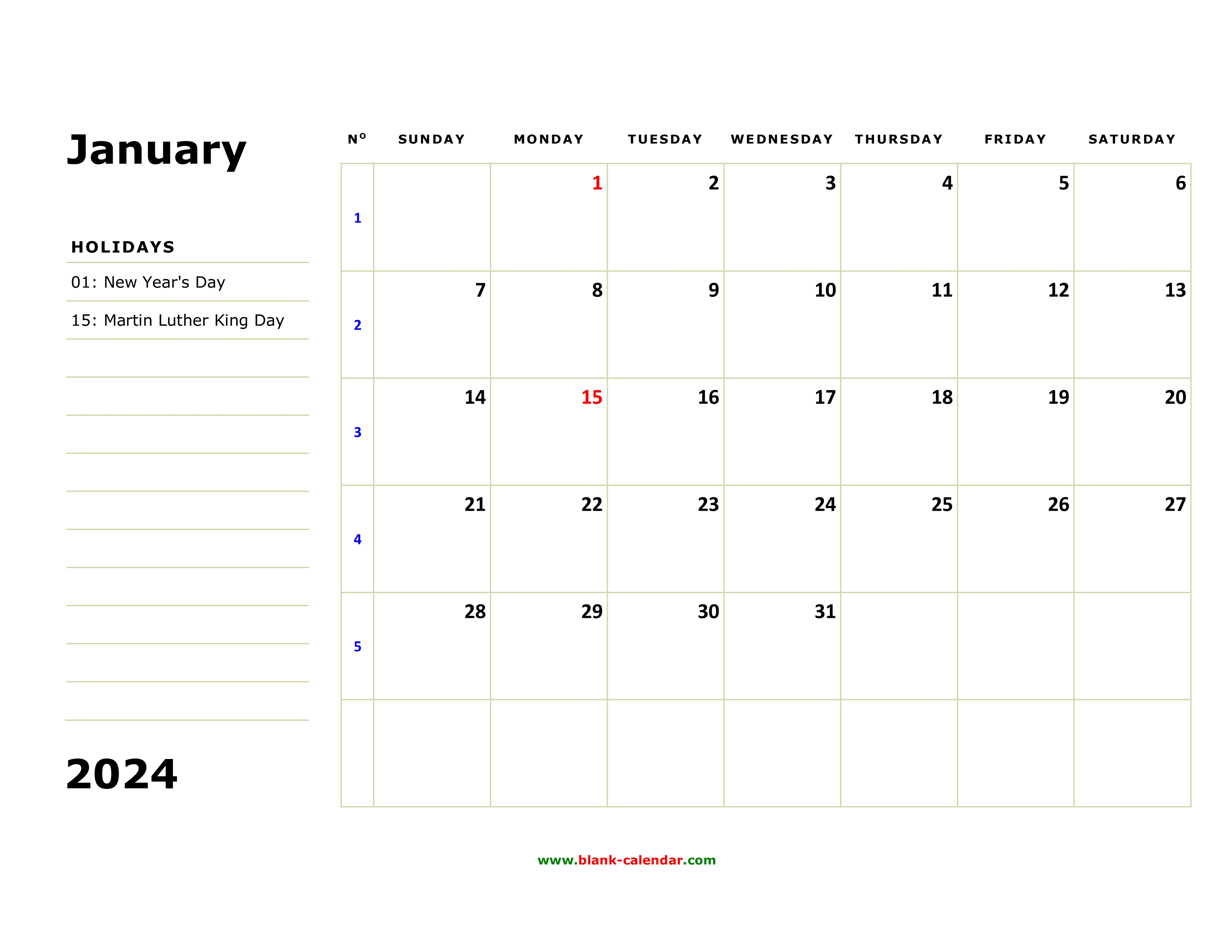 Free Download Printable Calendar 2024, large box, holidays listed ...