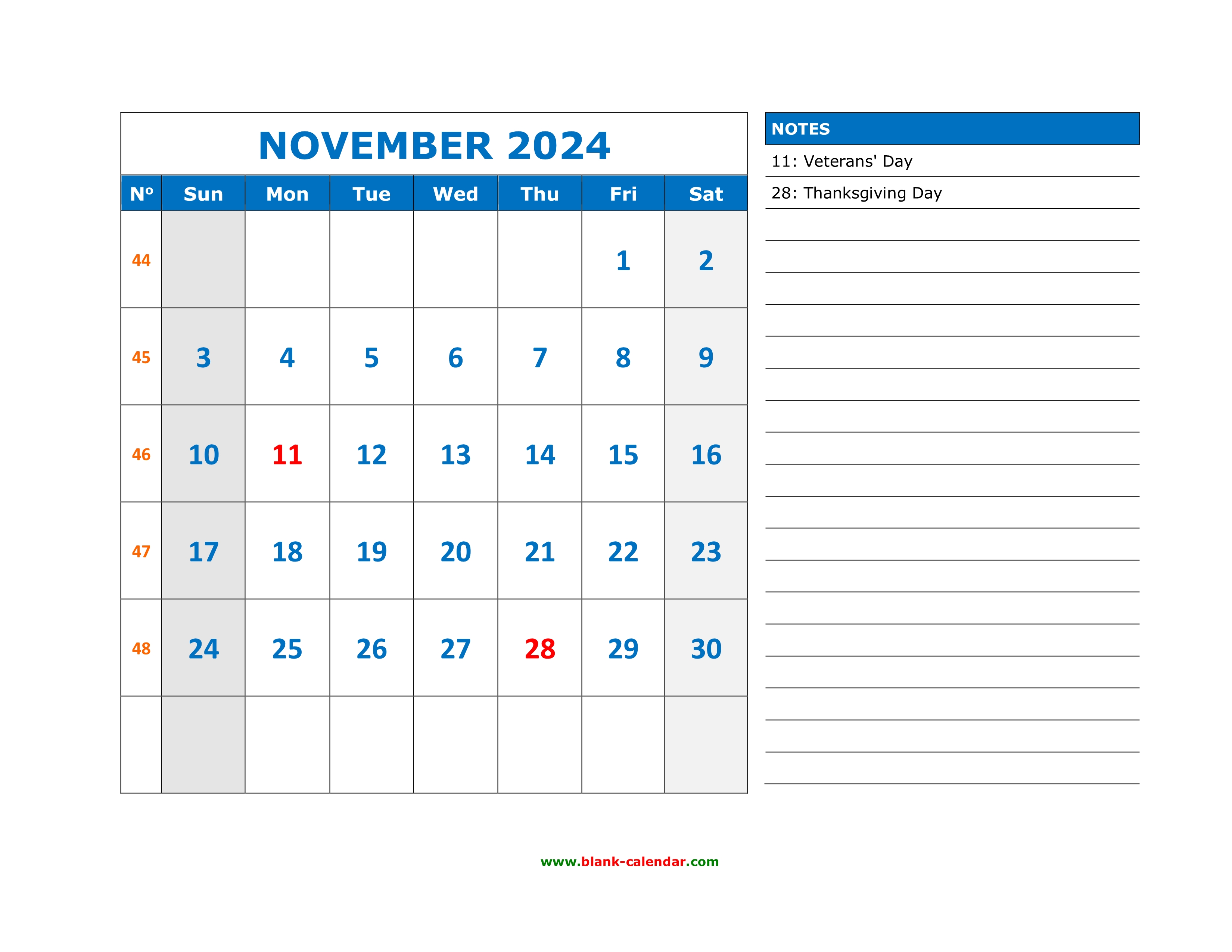 Free Download Printable November 2024 Calendar, large space for