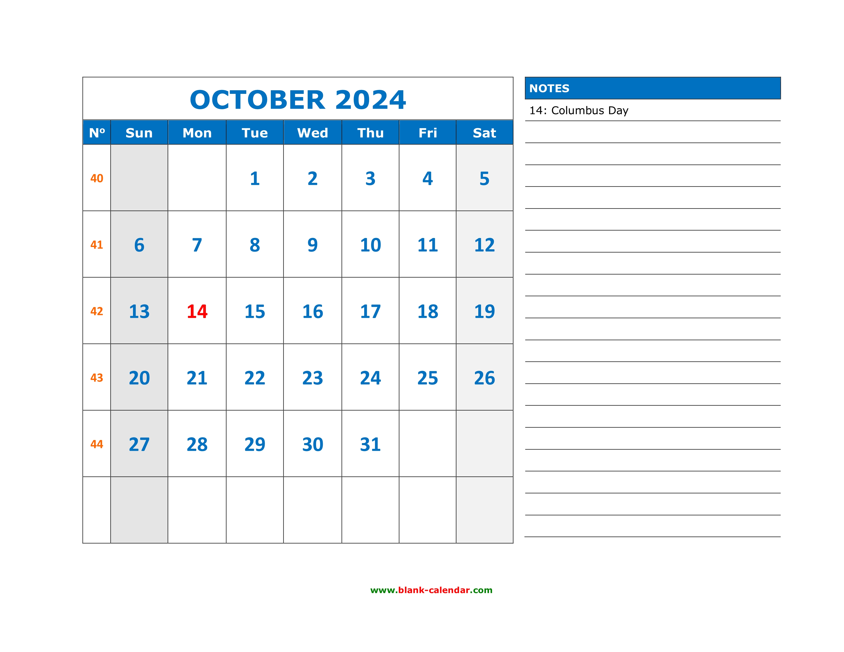 Free Download Printable October 2024 Calendar, large space for