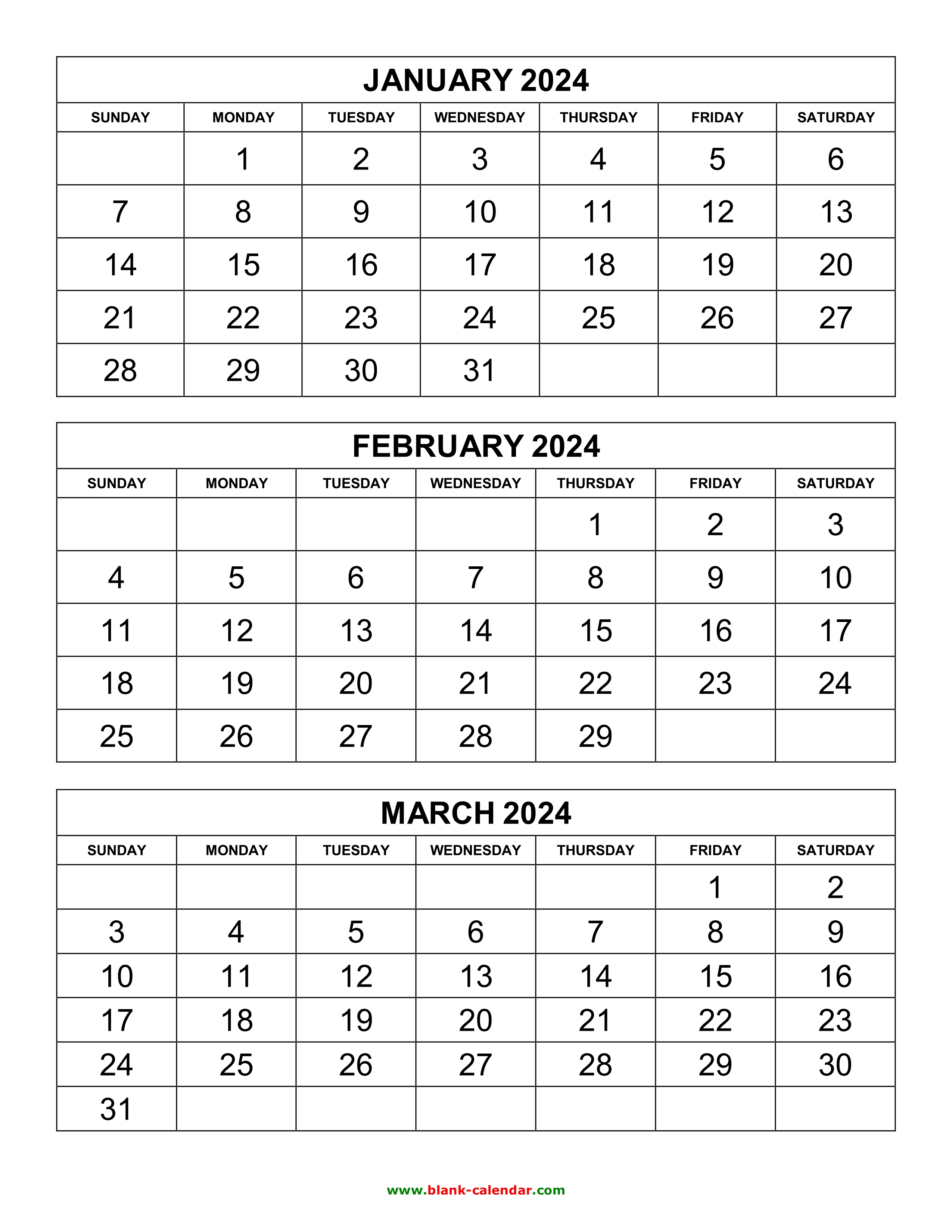Free Download Printable Calendar 2024, 3 months per page, 4 pages