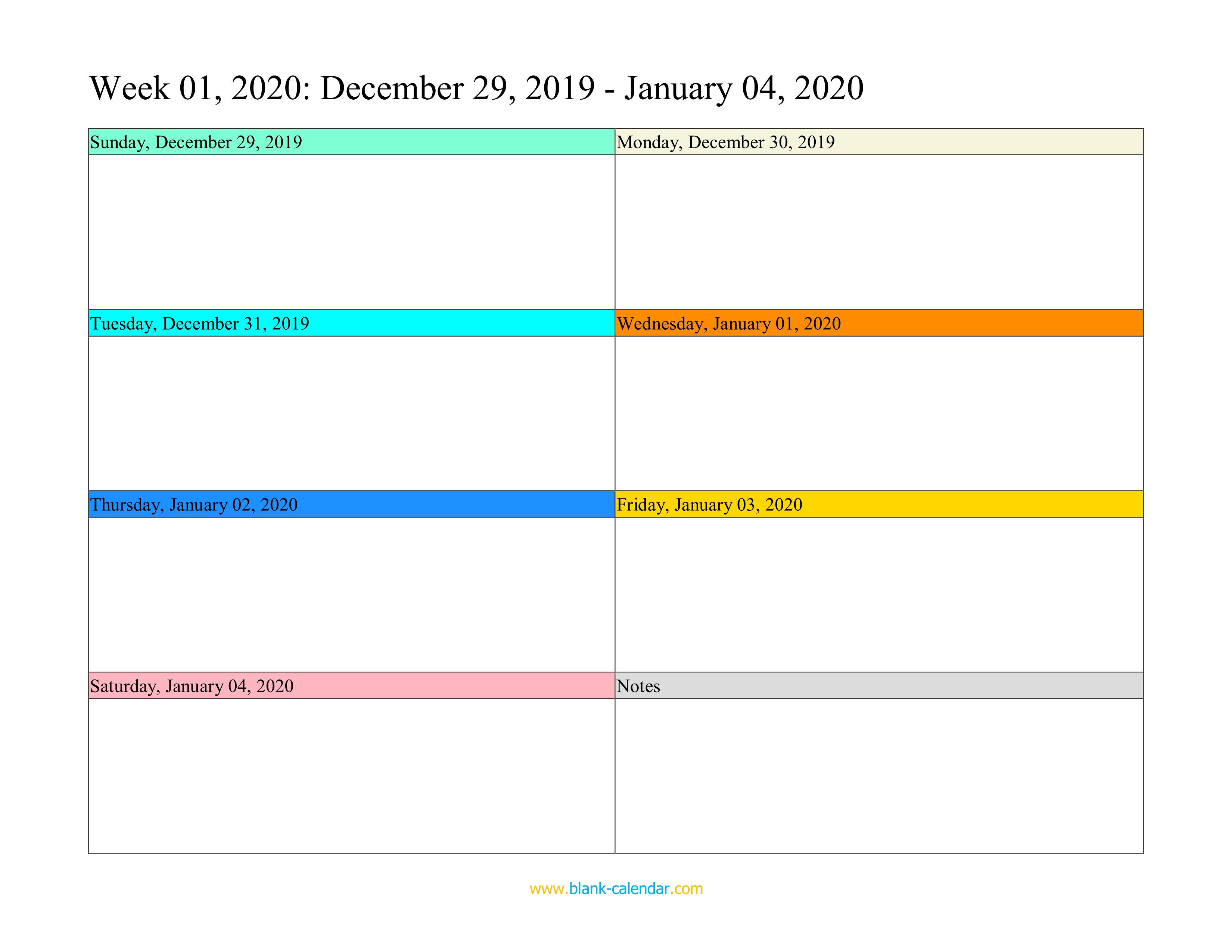 Weekly Calendar 2020 WORD EXCEL PDF