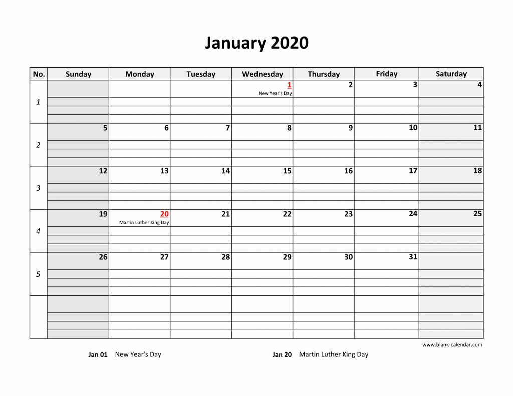 Free Download Printable Calendar 2020 Large Box Grid Space For Notes