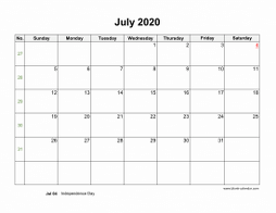 Download July 2020 Blank Calendar with US Holidays (horizontal)