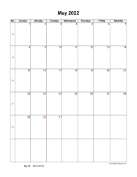 Download May 2022 Blank Calendar with US Holidays (vertical)