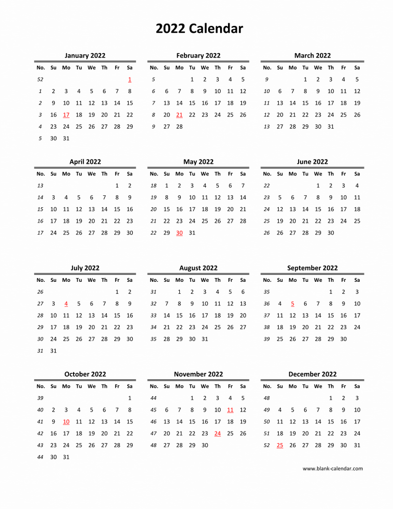 Download Blank Calendar 2022 (12 months on one page, vertical)