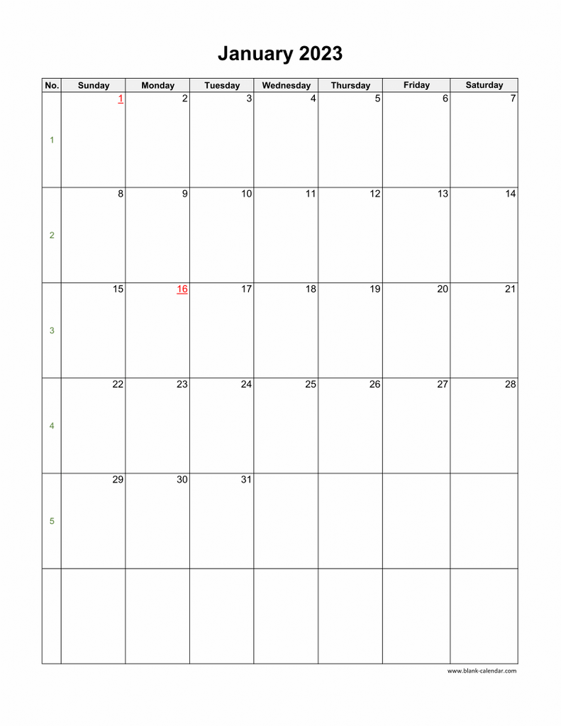 Download January 2023 Blank Calendar Vertical