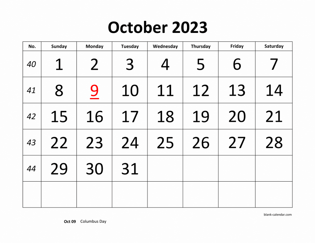 Free Download Printable October 2023 Calendar Large Font Design Holidays On Red