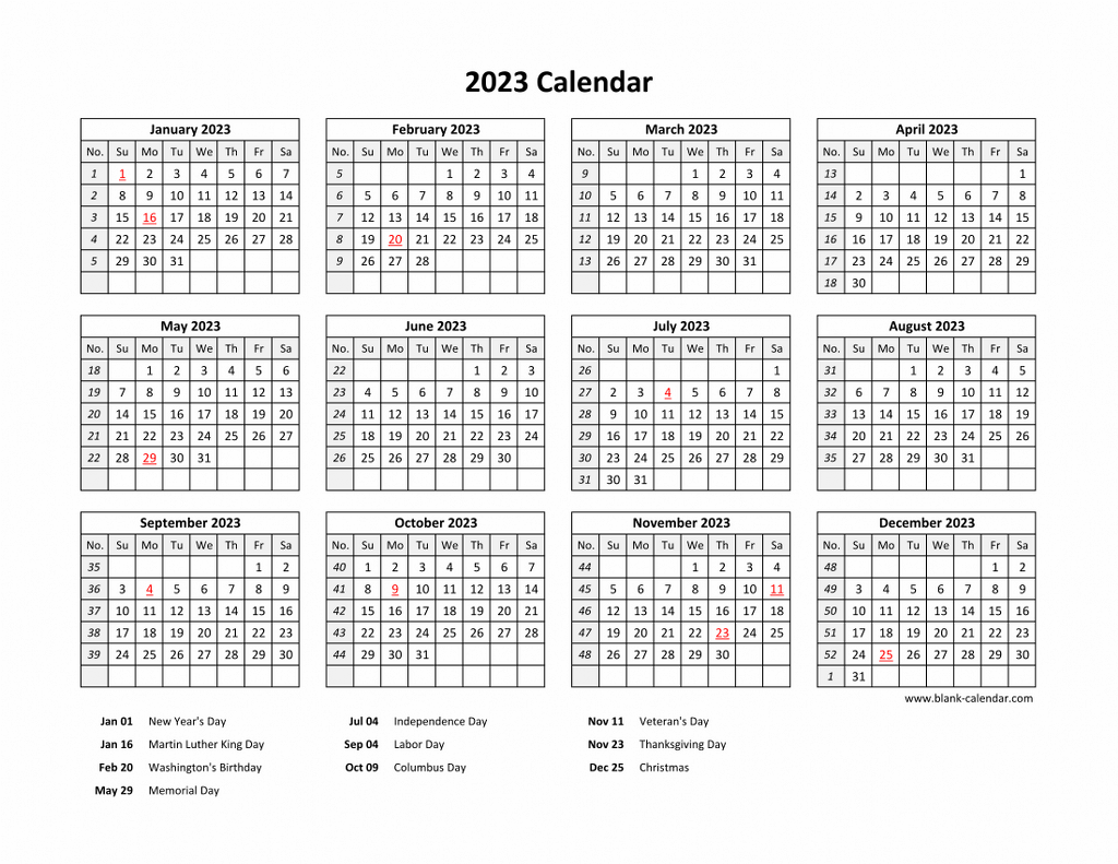 Free Download Printable Calendar 2023 With US Federal Holidays One Page Horizontal 