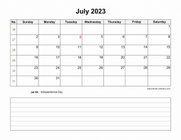 Download July 2023 Blank Calendar with Space for Notes (horizontal)