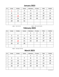 Free Download Printable Calendar 2023, 3 Months Per Page, 4 Pages 