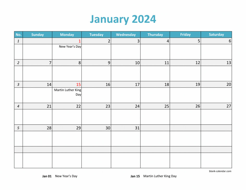 Free Download 2024 Excel Calendar large boxes in the grid (horizontal)
