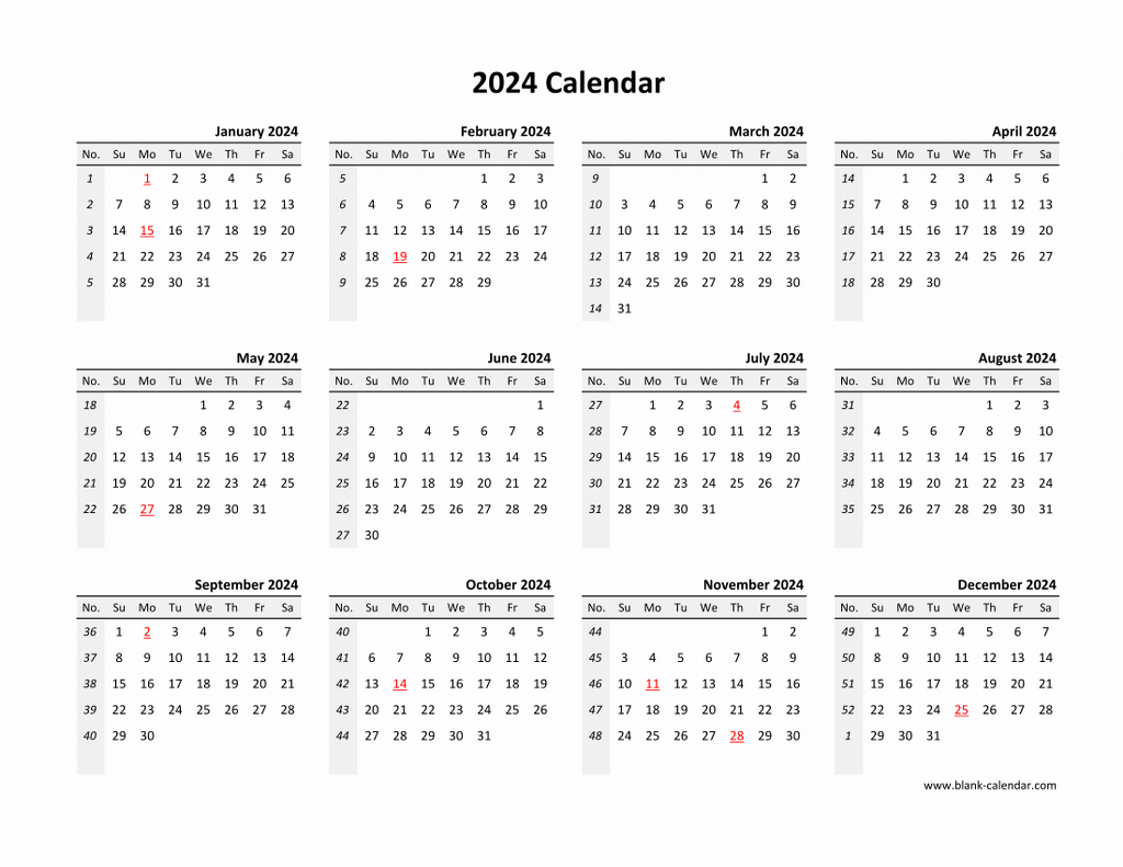 2024 Yearly Calendar Blank Design 