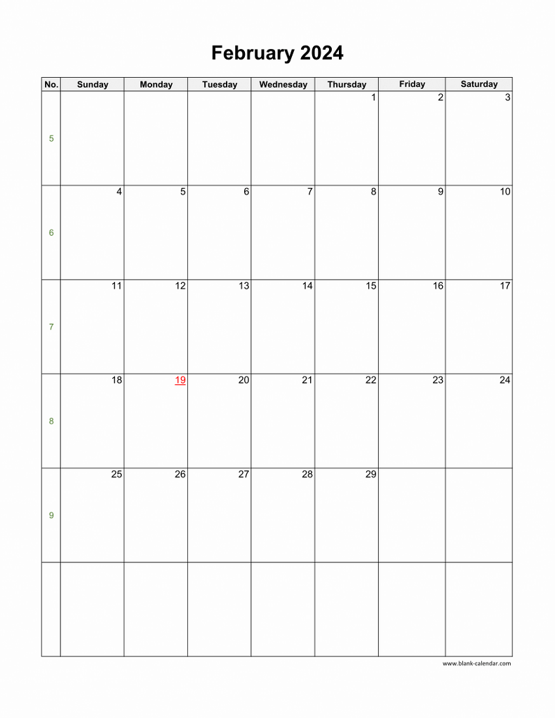 Download February 2024 Blank Calendar vertical 