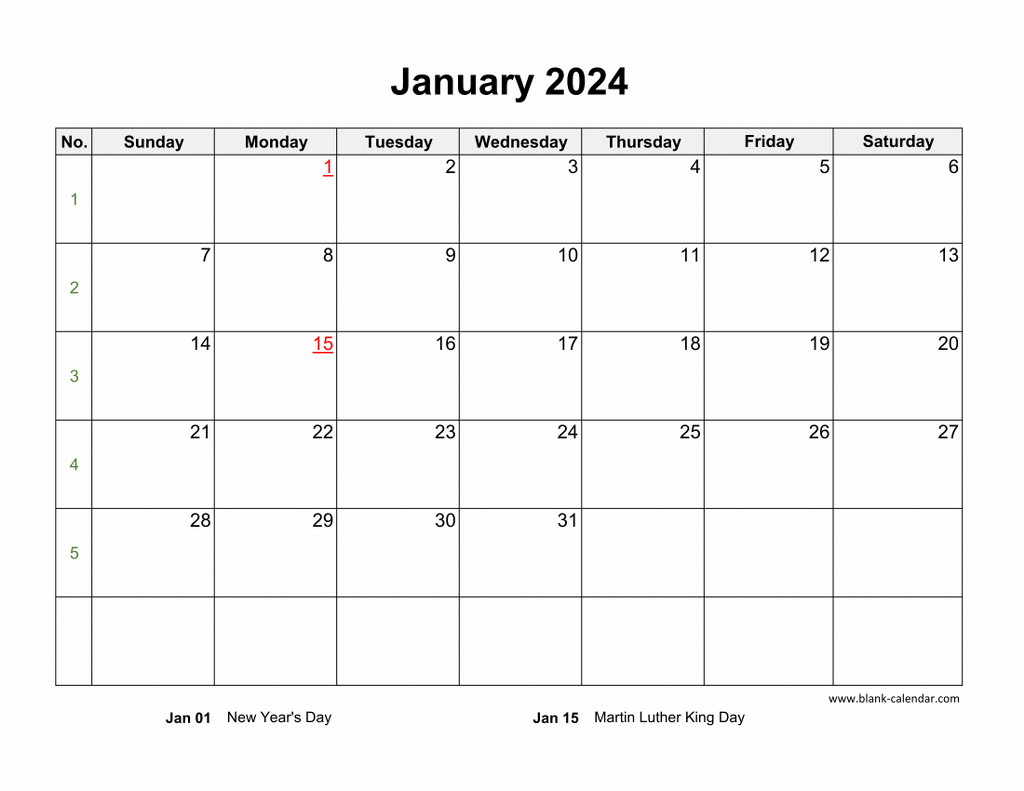 Download January 2024 Blank Calendar horizontal 