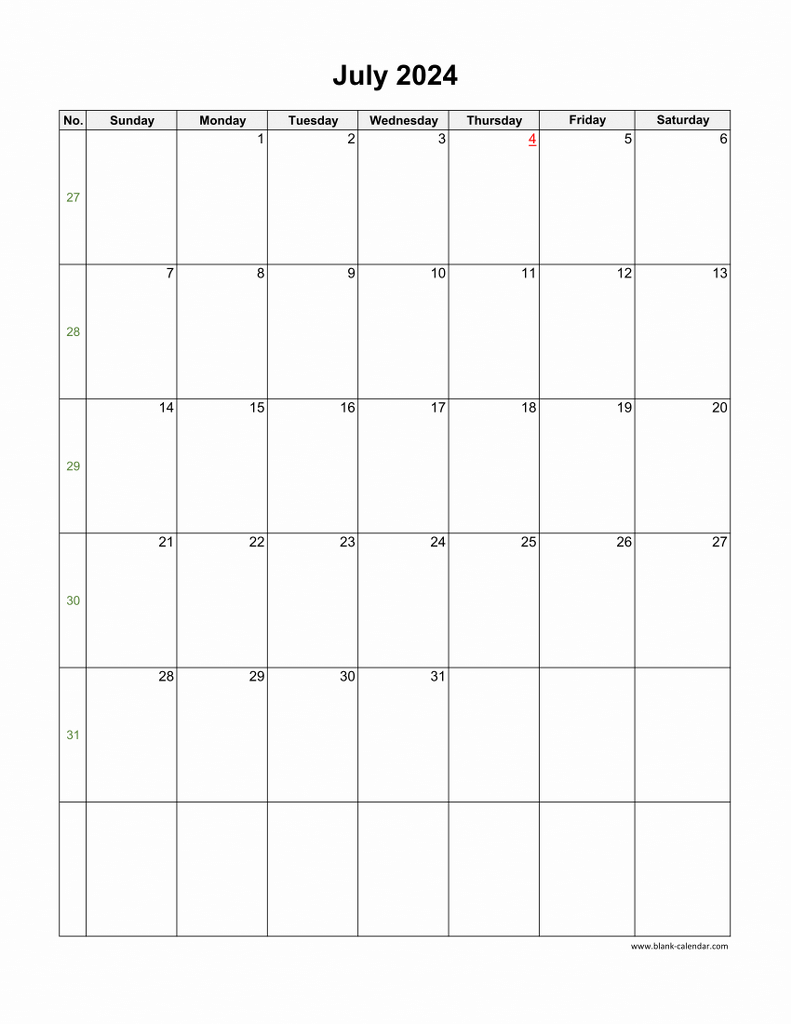 Download July 2024 Blank Calendar vertical 