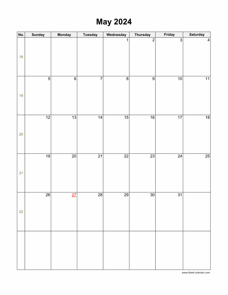 Download May 2024 Blank Calendar (vertical)