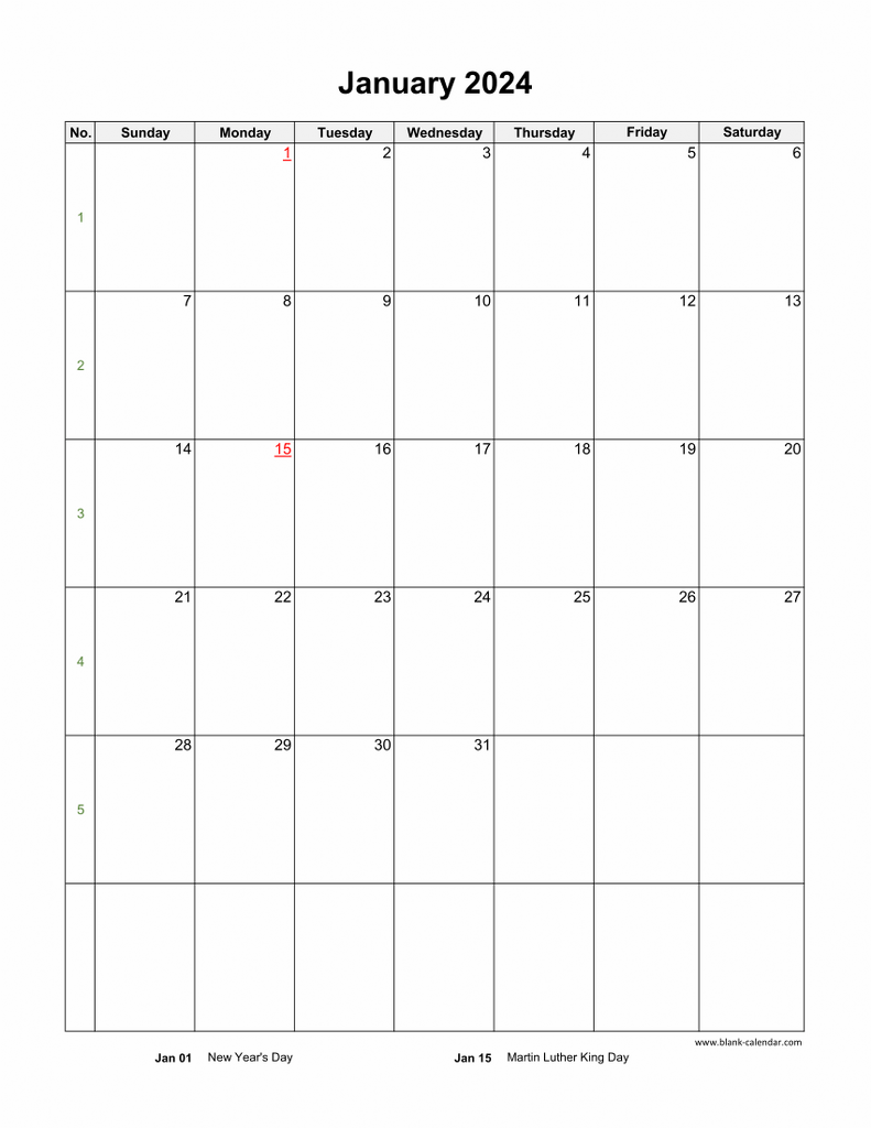 Download Blank Calendar 2024 with US Holidays (12 pages, one month per