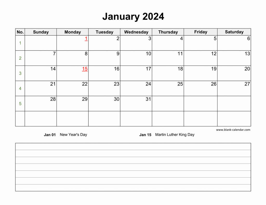 Download Blank Calendar 2024 with Space for Notes (12 pages, one month