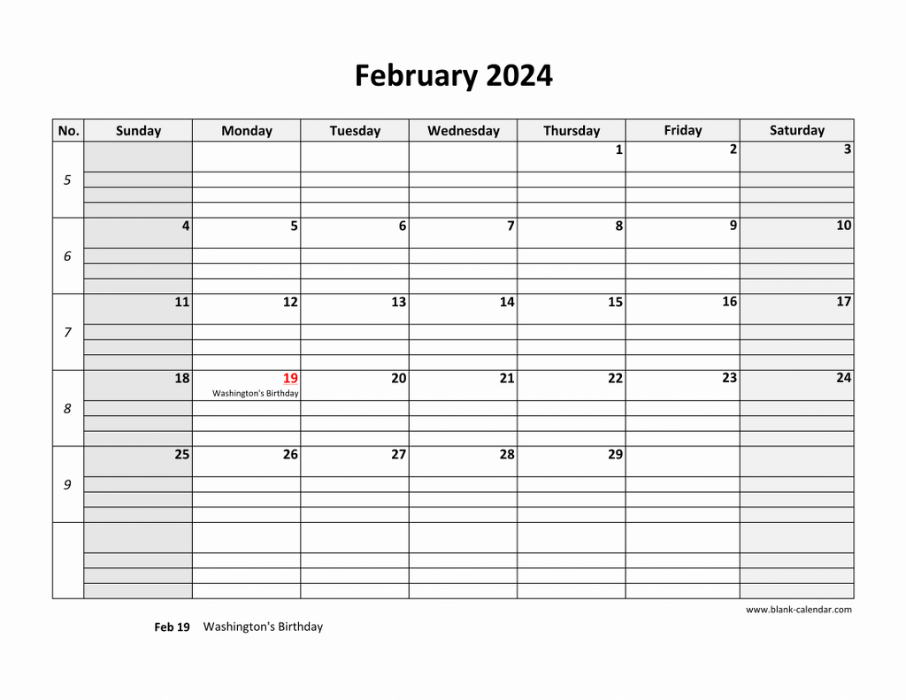 Printable February 2024 Calendar Large Box Grid 