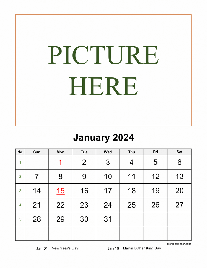 Free Download Printable January 2024 Calendar Pictures Can Be Placed 