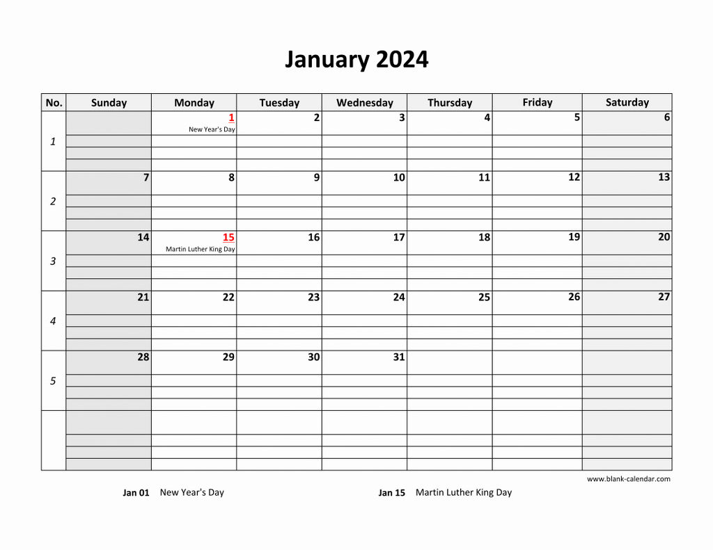 Free Download Printable January 2024 Calendar Large Box Grid Space 