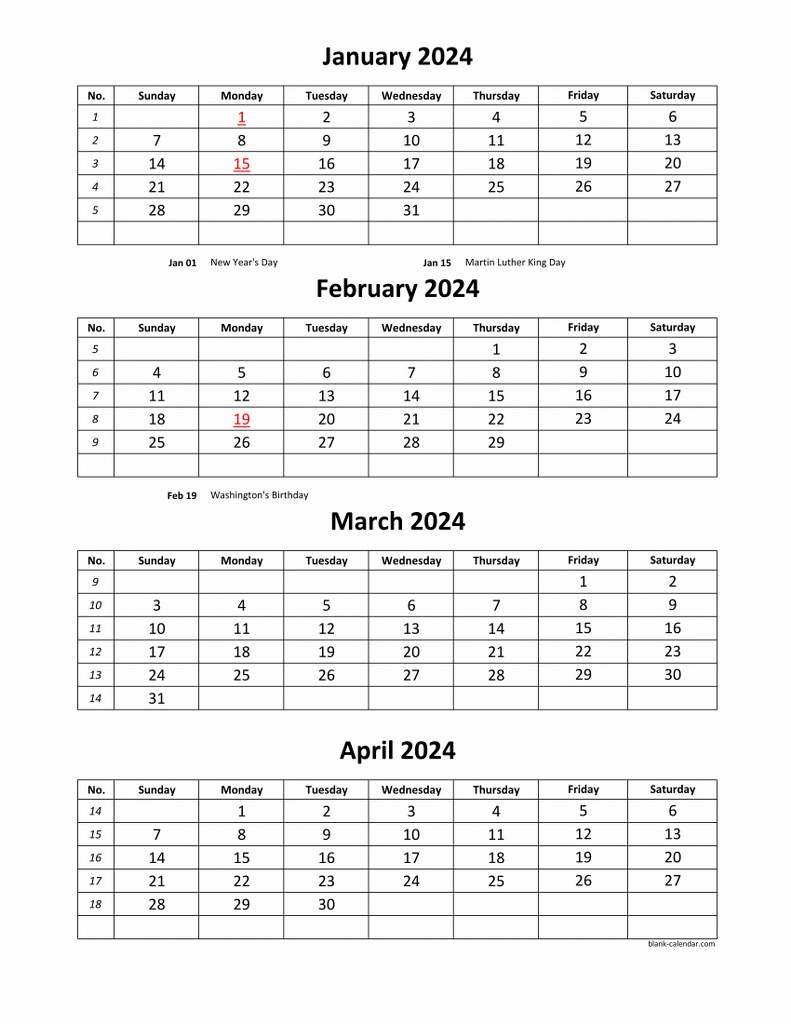 Free Download Printable Calendar 2024, 4 months per page, 3 pages