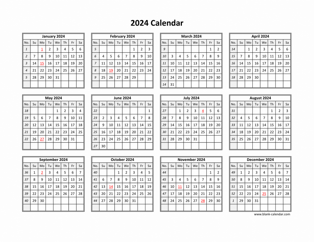 Basic 2024 One Page Calendar Doria