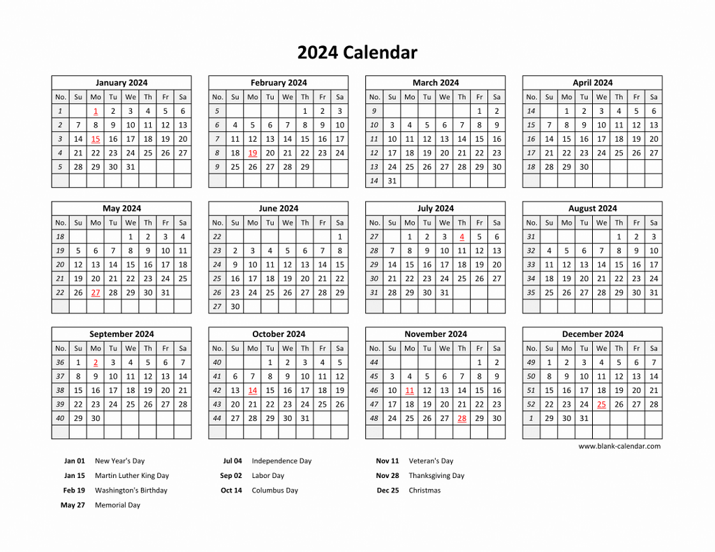 Free Download Printable Calendar 2024 With US Federal Holidays One Page Horizontal 
