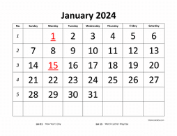 Free Download Printable Calendar 2024, large font design , holidays on red