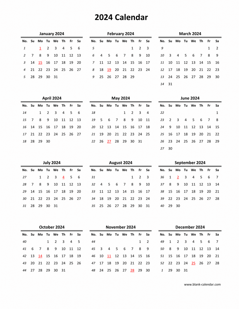 Download Blank Calendar 2024 (12 months on one page, vertical)