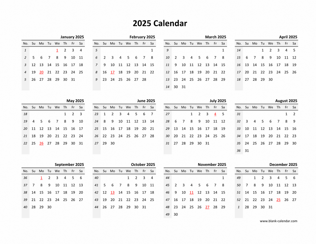 Yearly 2025 Calendars