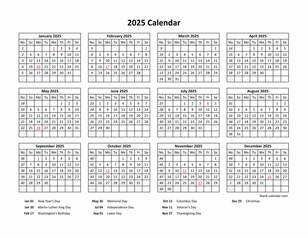 Yearly 2025 Calendars