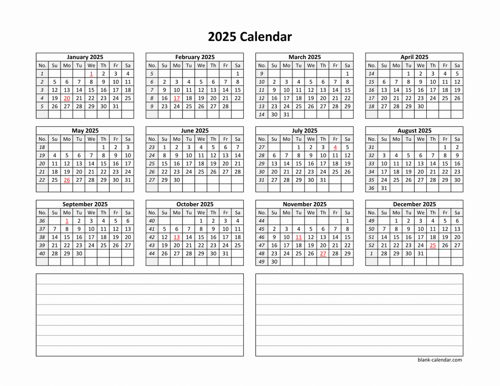 Yearly 2025 Calendars