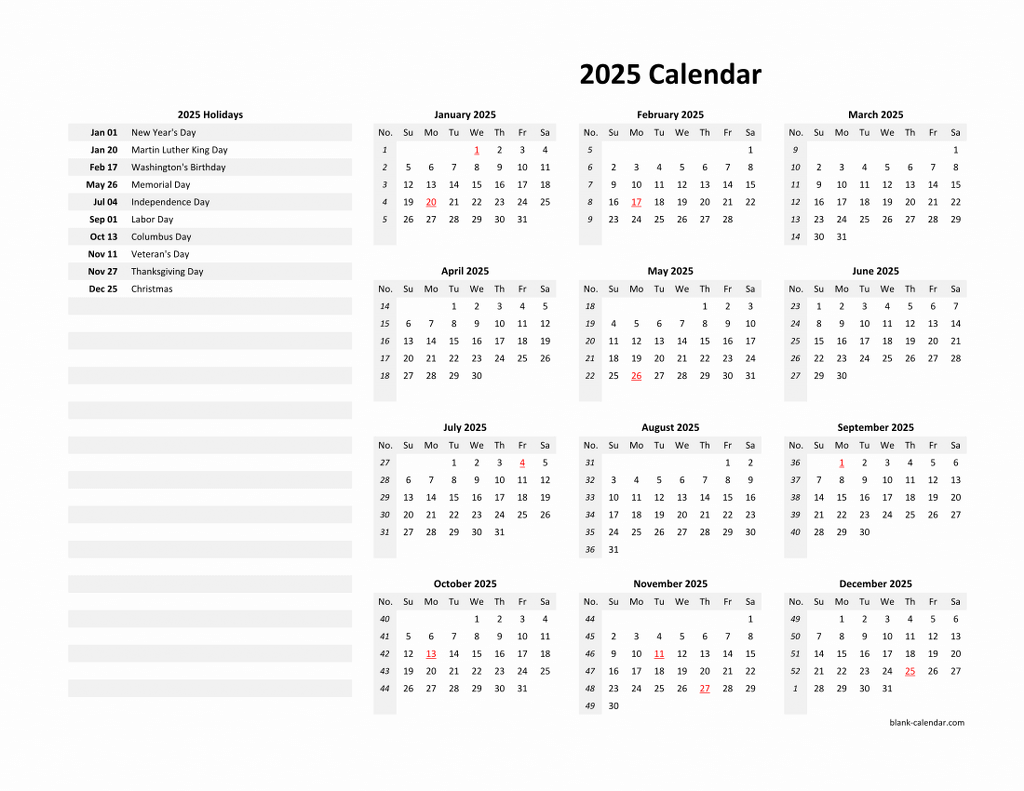 Yearly 2025 Calendars