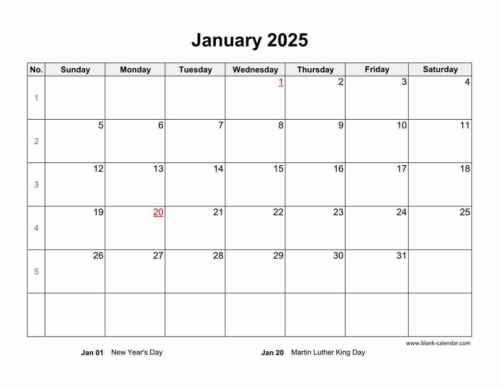 January 2025 Blank Calendar