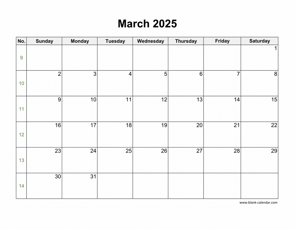 Download March 2025 Blank Calendar With US Holidays horizontal 