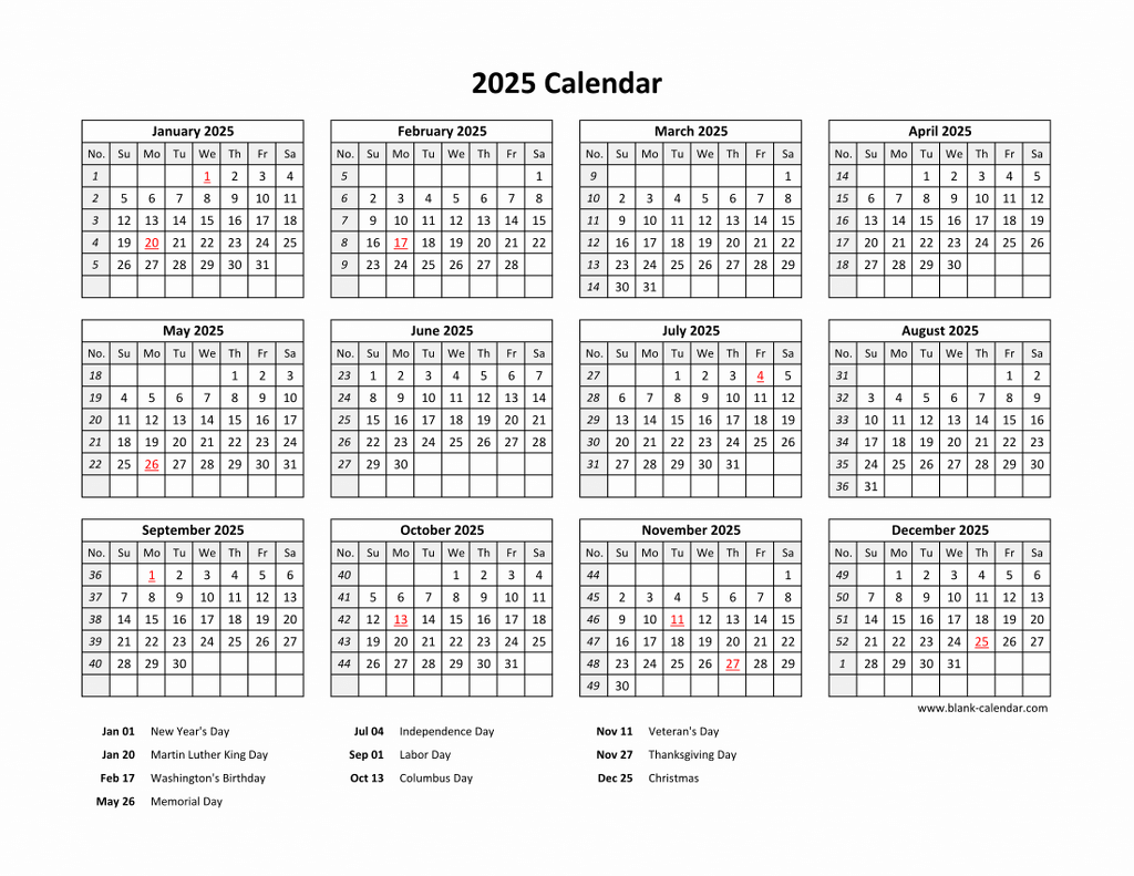 Free Download Printable Calendar 2025 With US Federal Holidays One Page Horizontal 